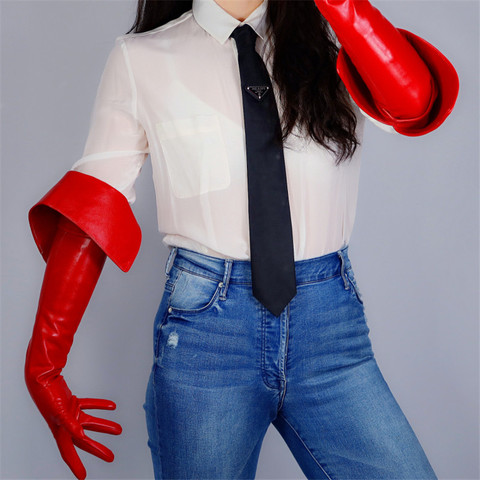 Long Leather Gloves 65cm Eversion Double Layer Big Cut Extra Long Red Simulation Leather Touchscreen Women Gloves WPU173 ► Photo 1/6