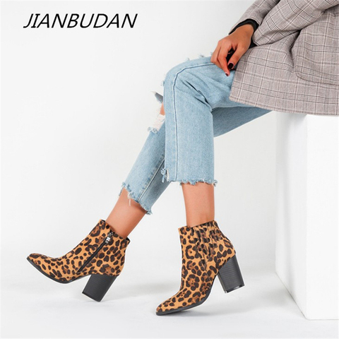 JIANBUDAN New Sexy Women's Leopard Boots Flock Leather Pointed Toe High heel Ankle boots Side zipper Autumn women's boots 36-43 ► Photo 1/6