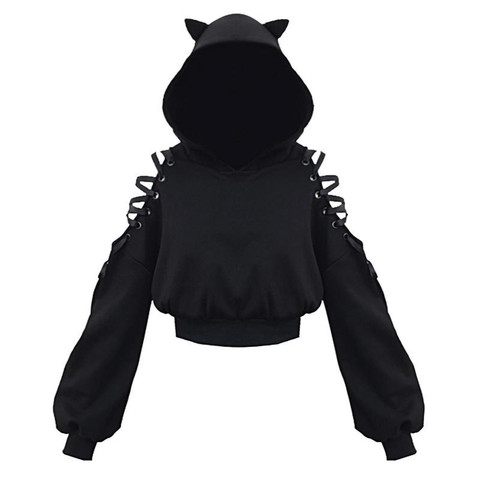 Black Gothic Crop Tops Women Hoodies And Sweatshirt Off Shoulder Lace Up Hooded Pullover Cat Ear Short Style Tracksuit Female ► Photo 1/6