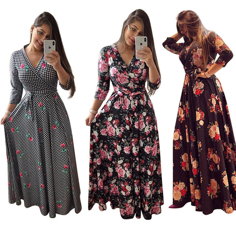 Women Floral Print Long Dress Sexy V Neck Pleated Female Casual Retro Maxi Dresses Vestidos  Elegant Party Robe Dress S-5Xl ► Photo 1/6