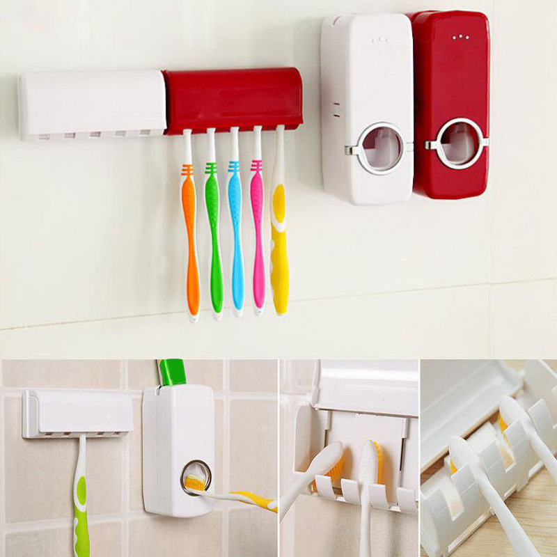 Stainless Steel Toothpaste Dispenser Toothbrush Holder Wall Mount Stand Storage 
