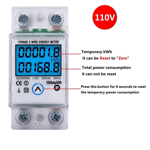 110V 120V 5(80)A Digital Wattmeter AC Power Energy Meter Din Rail KWH Voltage Current Meter Backlight with Reset Function ► Photo 1/6