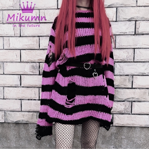 Gothic Grunge Striped Knitted Sweater Women Long Pullovers Loose Thin Punk Sweaters Jumpers Mujer Jersey Chic Streetwear ► Photo 1/6