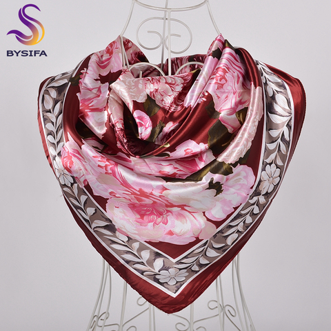 BYSIFA New Accessories Women Wine Red Silk Scarf Cape Fashion Chinese Rose Satin Square Scarves Shawls Ladies headkerchief Hijab ► Photo 1/6