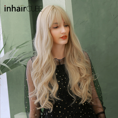 Inhaircube Light Blonde Water Wave Long Synthetic Wig With Bangs Natural Hair Midpart Real Scalp Mixed Color Free Gifts ► Photo 1/6