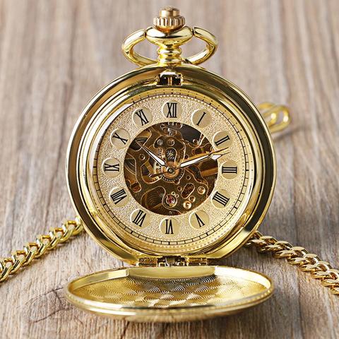 Full Gold Color Skeleton Smooth Pocket Watch Hand Wind Mechanical Roman Numerals FOB Watches Men Double Open Clock for men Women ► Photo 1/6