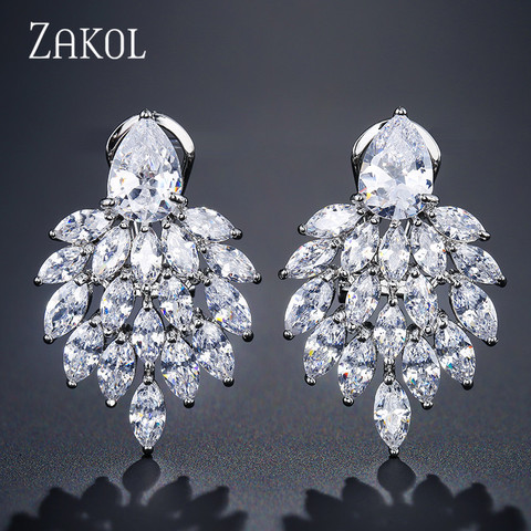 ZAKOL Fashion Leaf Brand Bridal Jewelry White Cubic Zirconia Big Green CZ Stud Earrings For Women Wedding FSEP4084 ► Photo 1/4