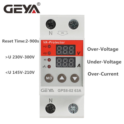 GEYA GPS8 Din Rail Dual Display Adjustable Over Voltage Current Under Voltage Protective Device Protector Relay 63A 220V 230V ► Photo 1/6