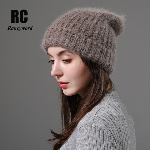 new simple Rabbit fur Beanie Hat for Women Winter Skullies Warm wool Cap Gorros Female Cap Women knitted Winter Hat ► Photo 1/6