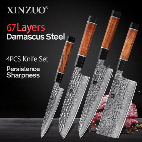 NEW XINZUO 4PCS Kitchen Knives Set Desert Ironwood Handle Japanese Damascus Steel Chef  Santoku Cleaver Utility Kitchen Knives ► Photo 1/6