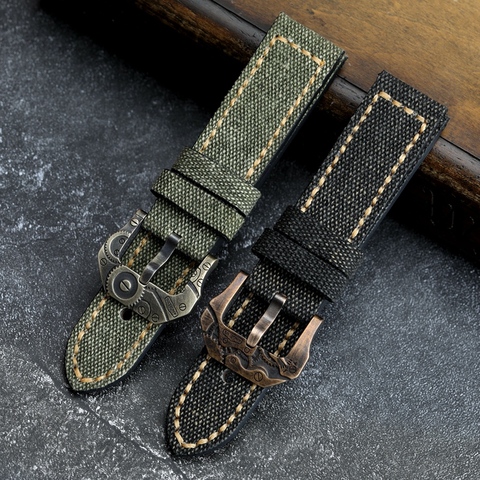 Handmade Canvas + Leather Watchband 20 22 24 26MM Compatible Bronze Strap  Personalized Bronze Buckle ► Photo 1/6