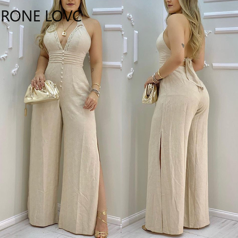 Women Jumpsuits Lace Trim Buttoned Backless Slit Jumpsuit V Neck Jumpsuit ► Photo 1/4