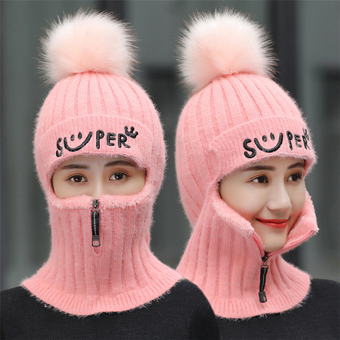 Brand Winter Hats Set Women Knitted Wool Hat Mask Lady Warm Velvet Thick Cycling Beanies Skullies Hat Female Collar Jumper Cap ► Photo 1/6