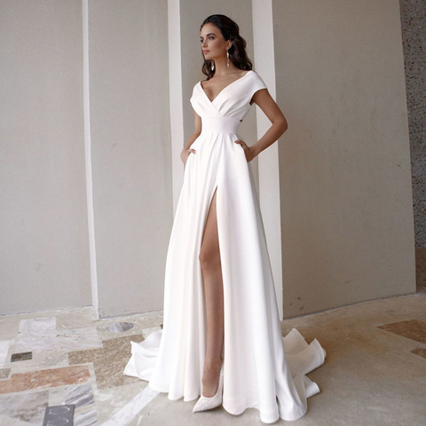 Modest V-Neck Wedding Dress 2022 Fashion Short Sleeve Sweep Train Slit A Line Bridal Gown with Pockets ► Photo 1/6