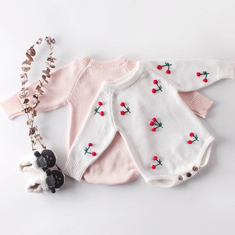 Baby Girl's knit Rompers Long Sleeve Wool Knitted Cherry Rompers Baby Princess Triangle Jumpsuit Toddler  Autumn Winter Clothing ► Photo 1/6