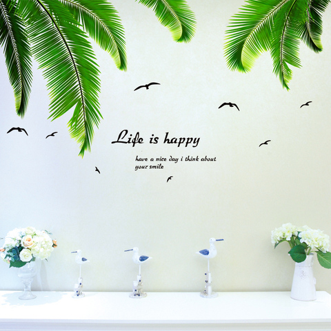 [SHIJUEHEZI] Green Palm Leaves Wall Stickers Vinyl DIY Coconut Tree Leaves Mural Decals for Living Room Kitchen Home Decoration ► Photo 1/5