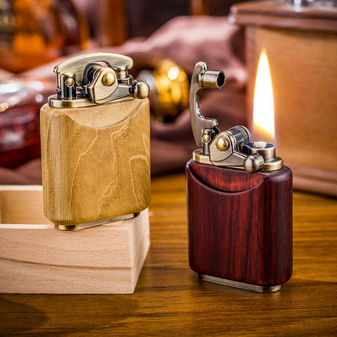NEW solid wood kerosene lighter sandalwood. ebony. rosewood. One key ignition rocker arm lighter cigarette collection ► Photo 1/6