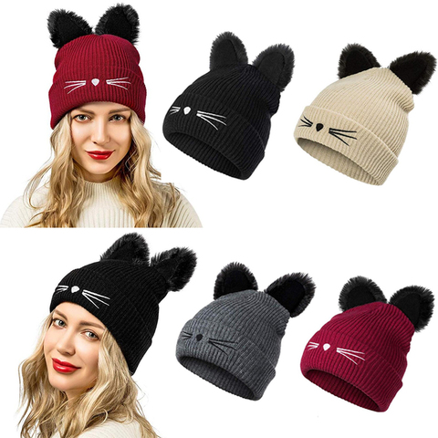 Winter Fashion Cat Ear Knitted Hat Warm Beanies Cap for Women Embroidered Warm Knit Crochet Beanies Wool Skull Cap Accessories ► Photo 1/6