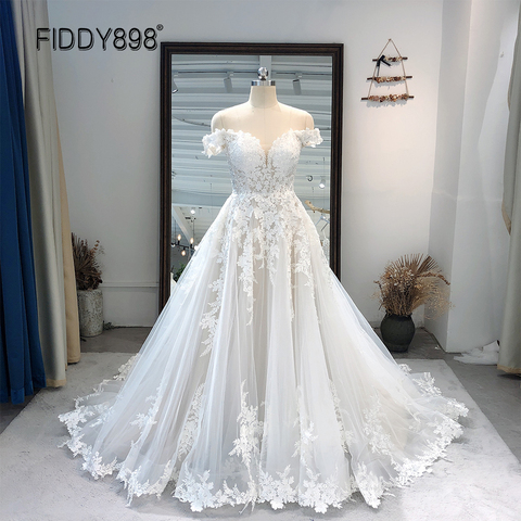 2022 Elegant Low Back Vintage Custom Made Plus Size Off Shoulder Lace Ivory White Wedding Dress Bride Gown for Women ► Photo 1/6