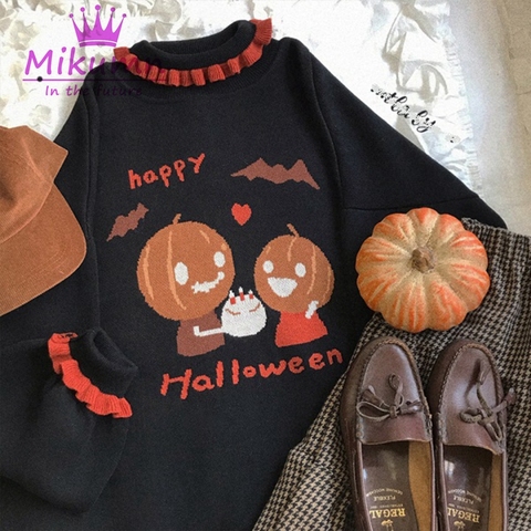 Harajuku Gothic Girl Halloween Pumpkin Party Cute Loose Lantern Sleeve Sweater Vintage Pullover Tops ► Photo 1/6