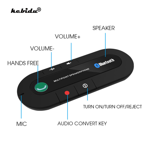 kebidu Bluetooth Car Kit Handfree Music Receiver Wireless Auto AUX Audio Multipoint Speakerphone MP3 Music Player Sun Visor Clip ► Photo 1/1