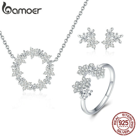 BAMOER 925 Sterling Silver Jewelry Sets Clear Cubic Zircon Shining Star Necklace Women Ring Jewelry Set Luxury Jewelry ZHS097 ► Photo 1/6