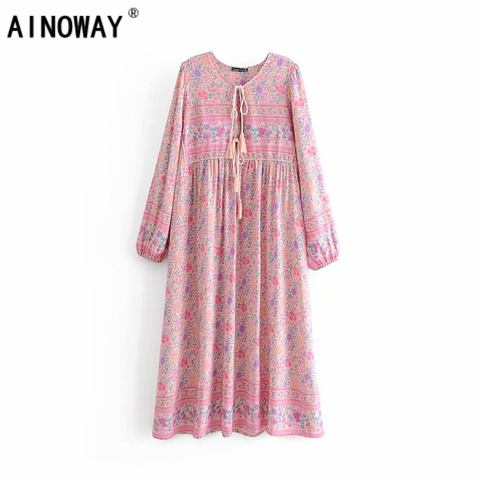 Vintage Chic women vestidos elegant pink floral print beach Bohemian  Midi dress Ladies Summer Boho rayon happie  dress ► Photo 1/5