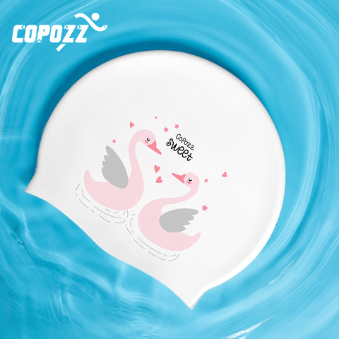 COPOZZ Unisex Swimming Cap Pool Giraffe Swan Cute Pattern Child Kids Badmuts Waterproof Protect Ears Long Hair Sports Swim Hat ► Photo 1/6