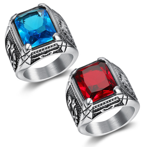 Silver color Men red blue Semi-Precious Stone Signet Ring 316l Stainless Steel for Men Jewelry Anillos Accessories ► Photo 1/4