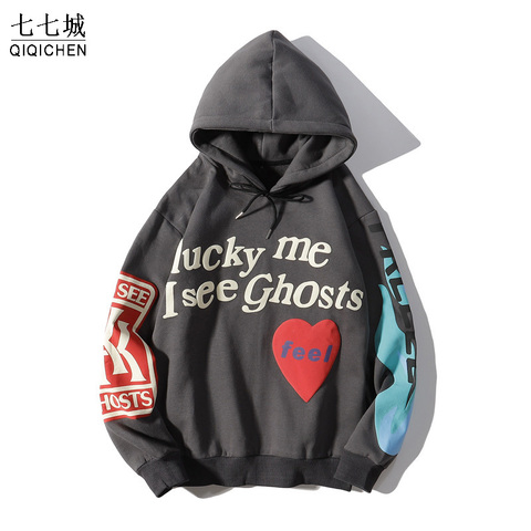 Graffiti Letter Hoodies Men Lucky me i see Ghosts Sweatshirt Harajuku Fleece Street Hoodie Hip Hop Stranger Things Loose Hoodie ► Photo 1/6