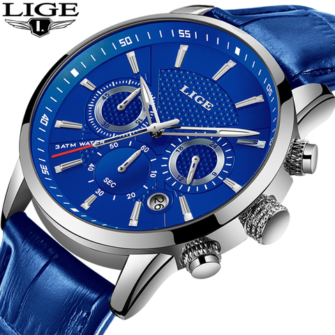 LIGE Fashion Mens Watches Top Brand Luxury Blue Quartz Clock Male Casual Leather Waterproof Sport Chronograph Relogio Masculino ► Photo 1/6