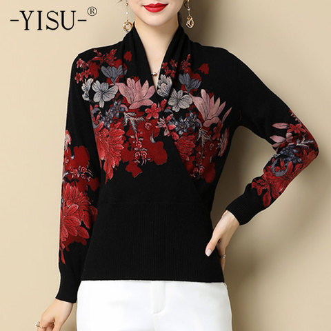 YISU Women Winter Sweater V-Neck Printing Winter tops Long sleeve Jumpe Warm Femaler Fashion Retro Thin section Knitted pullover ► Photo 1/6