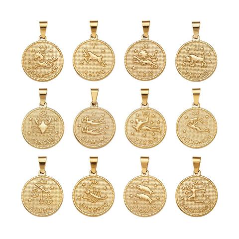 304 Stainless Steel Pendant Sets Flat Round with Twelve Constellation/Zodiac Sign Golden 29x25x3.2mm, Hole: 9x4.5mm; 12pcs/set ► Photo 1/6