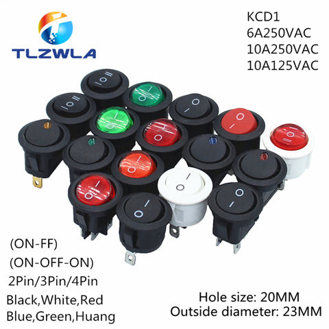 10pcs ON/OFF Round Rocker Switch LED illuminated Car Dashboard Dash Boat Van 12V 24V / 6A 250V / 10A 125V 2/3/4PIN Switch 20MM ► Photo 1/6