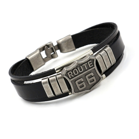 New Men's Leather Bracelet with Hot ROUTE 66 60s Road Sign Motorcycle Biker Rider Black Bangles Males Jewelry ► Photo 1/6