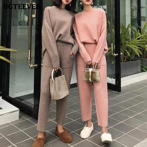 BGTEEVER 2022 Winter Casual Sweater Tracksuits O-neck Long Sleeve Jumpers & Elastic Waist Pants Female Knitted 2 Pieces Set ► Photo 1/6