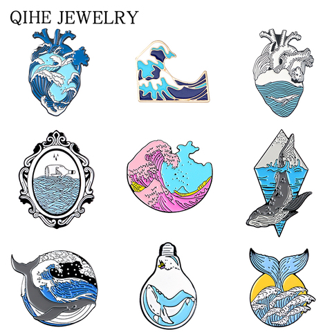 Wave Pins Ocean Sea Wave Brooches Organ Heart Light bulb Whale Sun Creative Badges Blue Wave enamel pin collection ► Photo 1/6