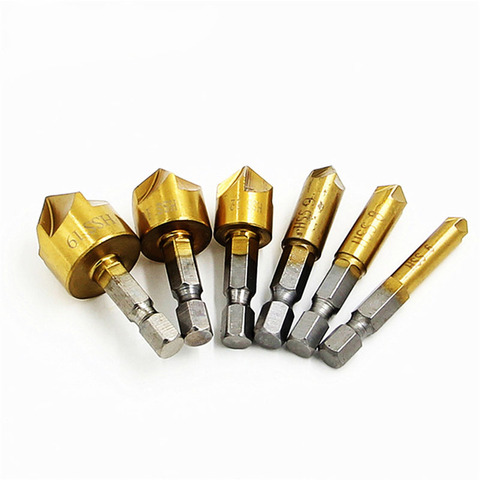 6 pcs Countersink drill set 1/4 '' hex shank HSS 5 slot countersunk head 90 degree wood chamfering knife chamfer 6mm-19mm ► Photo 1/4