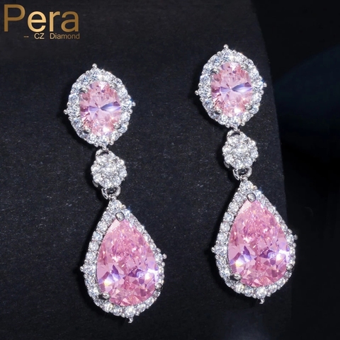 Pera Sparkling 925 Silver Pink Sapphire CZ Crystal Topaz Bridal Wedding Long Big Teardrop Earrings Jewelry for Brides Gift E075 ► Photo 1/6