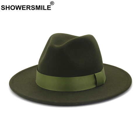 SHOWERSMILE Army Green Wool Felt Jazz Fedora Hats Men Women Wide Brim Sombrero British Style Trilby Formal Panama Cap Dress Hat ► Photo 1/6