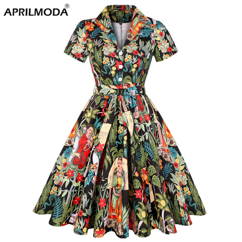 2022 Summer Cotton Vintage Midi Dress For Party Short Sleeve 4XL Plus Size Swing 50S RetroFloral Print Green Rockabilly Dresses ► Photo 1/6