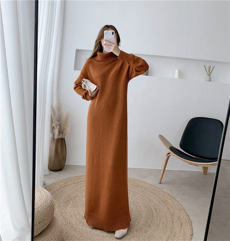 Extra Long Sweater Dress Women Autumn and Winter High-neck Long Sleeve Knitted Bottoming Dress Thick Shirt Femme Robe f2618 ► Photo 1/6