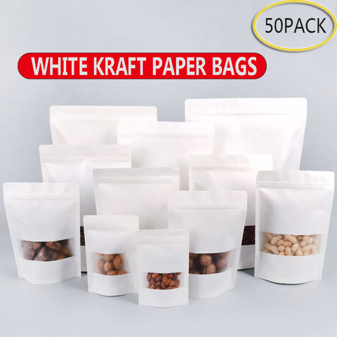 50pcs white kraft paper bags stand up Zipper/zip lock candy tea dried fruit gift packaging Moisture-proof open window pouch ► Photo 1/6