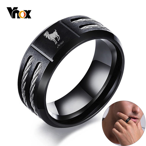 Vnox 12 Horoscope Ring for Men Black Stainless Steel Twisted Wia Insert Tough Man Anel Aries Leo Constellation Wedding Band ► Photo 1/6