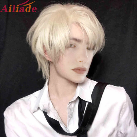 Ailiade Fashion Men Short Wig Light Yellow Blonde Synthetic Wigs With Bangs For Male Women Boy Cosplay  Costume Anime Halloween ► Photo 1/6