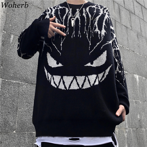 Woherb Harajuku Black Sweater Women Men Lightning Devil Knitted Jumper Oversize Pullover Hip Hop Streetwear 2022 Autumn Sweaters ► Photo 1/6