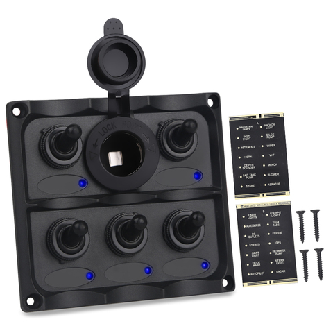 Waterproof Circuit Breaker Yacht Boat Switch Panel 12v Marine Car 5 Gang Rocker Switch Panel Led + Cigarette Lighter Plug ► Photo 1/6