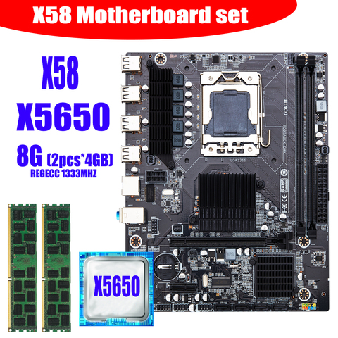 X58 desktop motherboard LGA1366 set kit with Intel xeon X5650 processor and 8Gb(2pcs*4GB) ECC DDR3 1333mhz 10600R RAM memory ► Photo 1/6