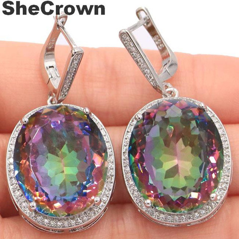 40x20mm Big 17.5g Oval Gemstone 22x18mm Created Fire Rainbow Mystic Topaz White Cubic Zirconia Woman's Party 925 Silver Earrings ► Photo 1/3