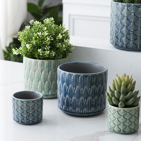 Nordic Ceramic Vase INS Green Flower Pot Desktop Gardern Plants Blue Embossed Home Decor Living Room Decoration вазы декор дома ► Photo 1/5